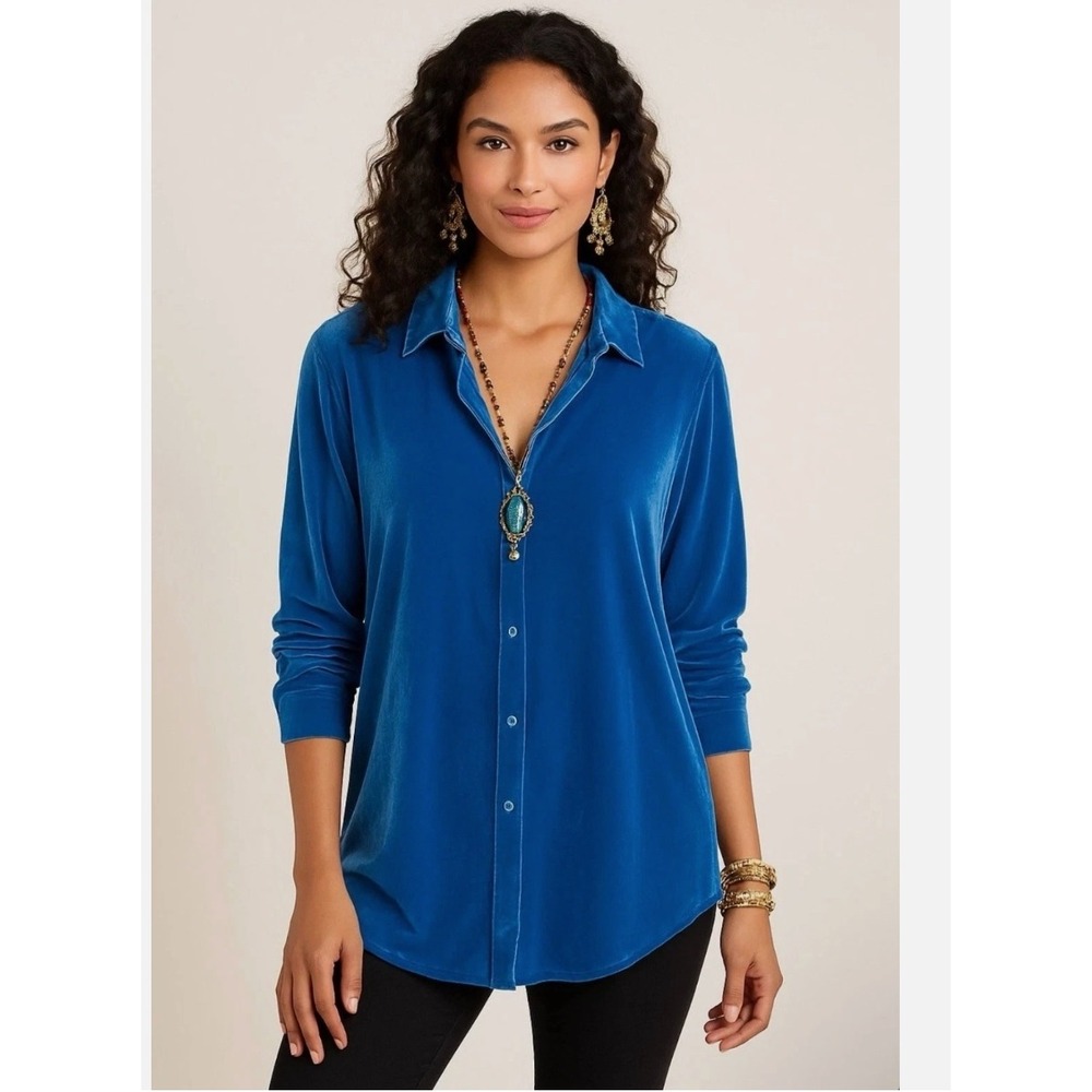Soft Surroundings‎ Velvet Boyfriend Tunic Shirt Women Size XL Royal Blue Long